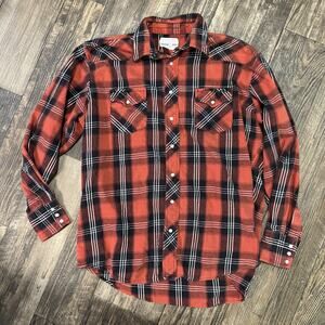 Wrangler Wrancher Western Flannel Shirt Mens XLT Red Plaid Pearl Snap Cowboy Vtg
